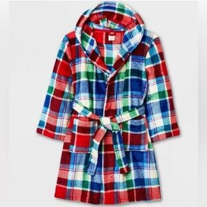 Cat & Jack Plaid Fleece Hooded Robe Tie Waist Pockets Red Green Blue Large 10/12